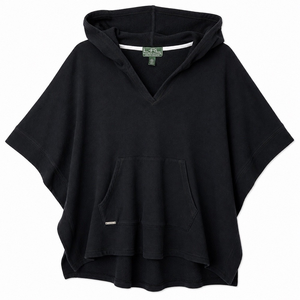 Lauren Ralph Lauren LRL Active Womens Black Poncho Hoodie Short Sleeve Cape Sz L